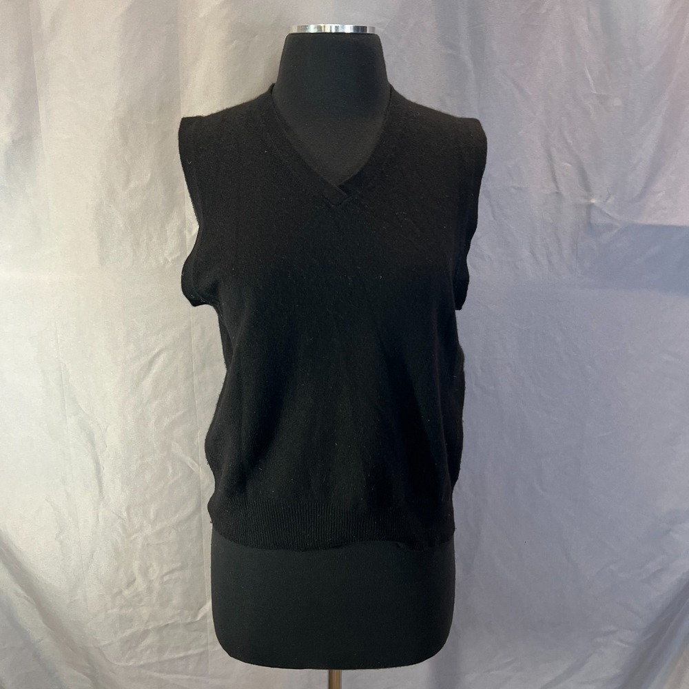 Country Shop Sleeveless Sweater Vest Womens L Black Cashmere Ribbed Trim V Neck